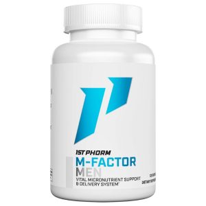 White bottle labeled "1st Phorm M-Factor Men" with a blue logo and text indicating it is a dietary supplement for vital micronutrient support and delivery system.