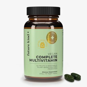 Brown bottle with a light green label marked "Future Kind Vegan Complete Multivitamin" indicating it includes 42 fruits and vegetables, plant-based enzymes, and probiotics.