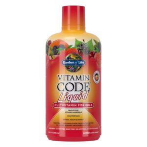 Brightly colored bottle labeled "Garden of Life Vitamin Code Liquid" with images of fruits, indicating it is a liquid multivitamin formula with whole food vitamins and minerals.