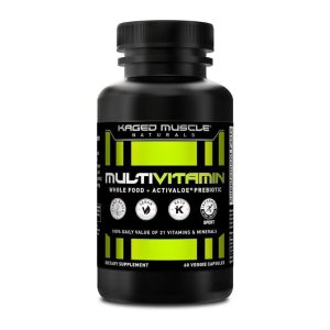 Black bottle labeled "Kaged Muscle Multivitamin" with green and white text indicating it is a whole food supplement with Activaloe and prebiotics.