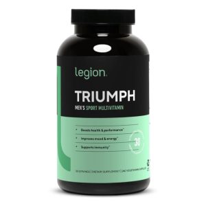 Black bottle with a green label marked "Legion Triumph Men's Sport Multivitamin" indicating it supports health, performance, mood, energy, and immunity.