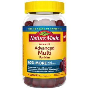 Clear bottle with a yellow cap labeled "Nature Made Gummies Advanced Multi For Him" showing berry-flavored gummies and indicating 60% more total nutrients.