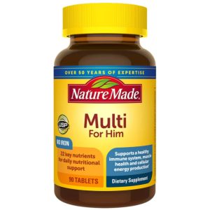 Brown bottle with a yellow cap marked "Nature Made Multi For Him" with text indicating it contains 22 key nutrients for daily nutritional support.
