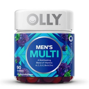 Clear jar labeled "Olly Men's Multi" with a white cap and images of blackberries, indicating it is a gummy supplement with a blend of vitamins A, C, D, E, Bs, and zinc.