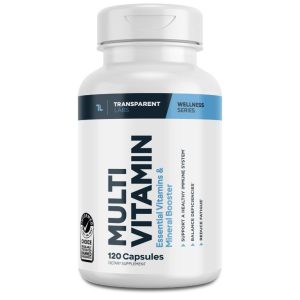 White bottle labeled "Transparent Labs Multivitamin" with blue and black text indicating it contains essential vitamins and mineral booster, with 120 capsules.