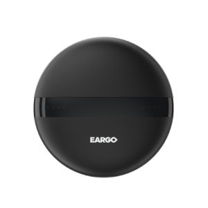 Eargo logo on a black circular device.