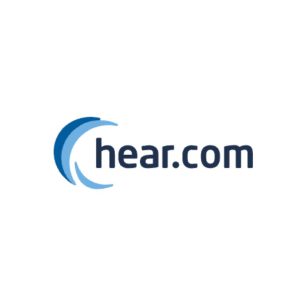 Hear.com logo with a blue, circular wave design and the name 'hear.com' in blue letters.