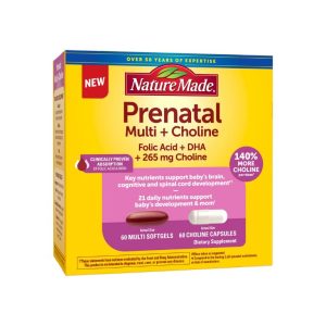 Box of Nature Made Prenatal Multi + Choline vitamins with a yellow and purple label, indicating it contains folic acid, DHA, and 265 mg choline, and features softgels and capsules.
