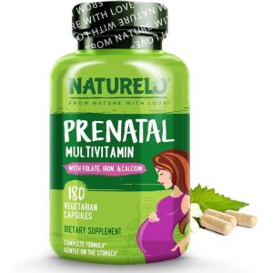 Bottle of Naturelo Prenatal Multivitamin with a green cap and label, featuring an illustration of a pregnant woman and highlighting ingredients like folate, iron, and calcium.