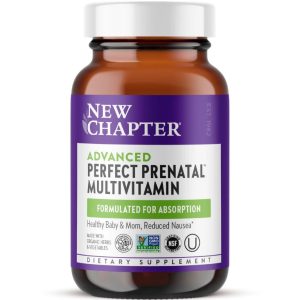 Bottle of New Chapter Perfect Prenatal Multivitamin with a white cap and purple label, indicating it is formulated for absorption and includes various certifications and health benefits.