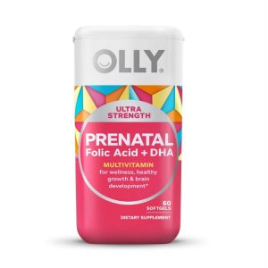 Bottle of OLLY Prenatal Multivitamin with a white cap and colorful label, indicating it contains folic acid, DHA, and supports wellness, healthy growth, and brain development.