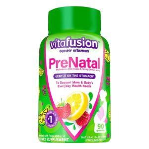 Bottle of Vitafusion Prenatal Gummy Vitamins with a green cap and colorful label, featuring images of raspberries and lemons, indicating it is a multivitamin with folate and DHA.