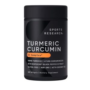 a bottle of sports research turmeric curcumin on a white background