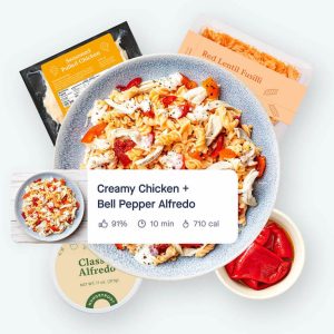 a meal with creamy chicken and bell pepper alfredo sauce from Hungryroot, surrounded by the meal kit ingredients