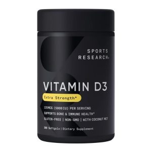 a bottle of sports research vitamin d3 extra strength on a white background