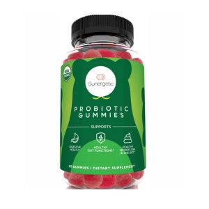 Clear bottle with green label and red round gummies of Sunergetic Probiotic Gummies