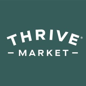 Thrive market logo on a dark green background