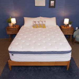 A bed with a white quilted mattress featuring a blue polka-dotted border, set in a bedroom with a blue wall, wooden nightstands with lamps, and a framed picture above the bed.
