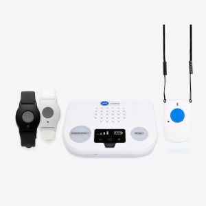 the adt alert plus medical alert system including wearables and necklaces on a white background
