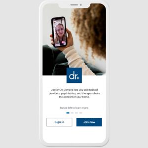 A smartphone screen showing the Doctor On Demand app interface. The screen features an option to sign in or join now for video consultations with medical providers, psychiatrists, and therapists. The app's logo is displayed prominently, with a description of the service's benefits.