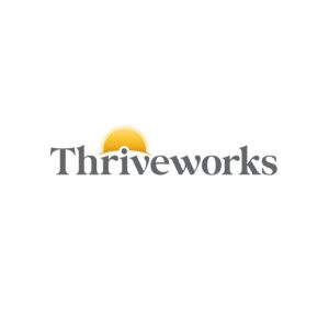 The Thriveworks logo, featuring the company name in grey text with a stylized yellow sun rising behind it. The design is simple and evokes a sense of growth and positivity.