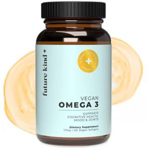 A bottle of Future Kind Vegan Omega 3 dietary supplement, labeled to support cognitive health, mood, and joints, with 60 vegan softgels inside.