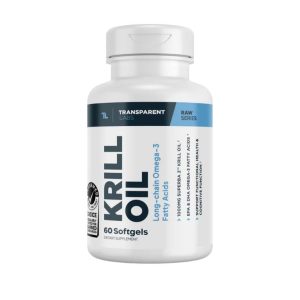 A bottle of Transparent Labs Krill Oil dietary supplement containing 60 softgels, marketed for its long-chain Omega-3 fatty acids with cognitive and heart health benefits.