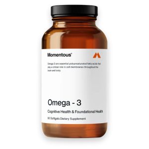 A minimalist brown bottle of Momentous Omega-3 dietary supplement, highlighting its benefits for cognitive health and foundational health, containing 60 softgels.