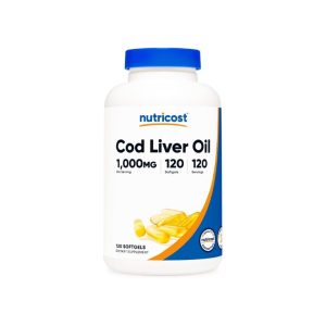 A bottle of Nutricost Cod Liver Oil dietary supplement, containing 120 softgels with 1,000 mg per serving, designed to support overall health with Omega-3.